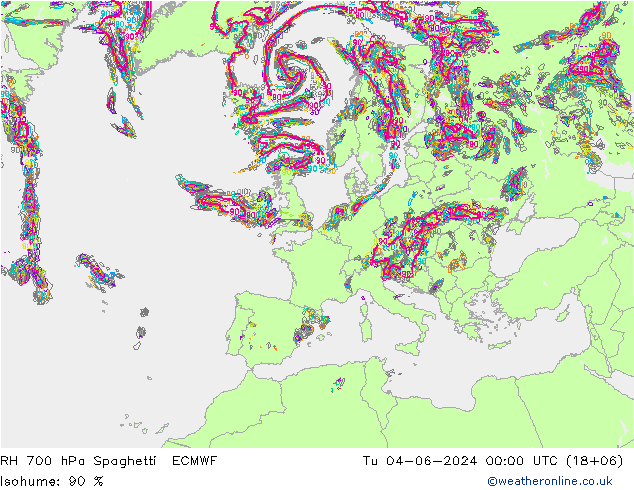RH 700 гПа Spaghetti ECMWF вт 04.06.2024 00 UTC