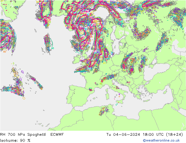 Humedad rel. 700hPa Spaghetti ECMWF mar 04.06.2024 18 UTC