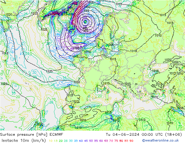 Izotacha (km/godz) ECMWF wto. 04.06.2024 00 UTC