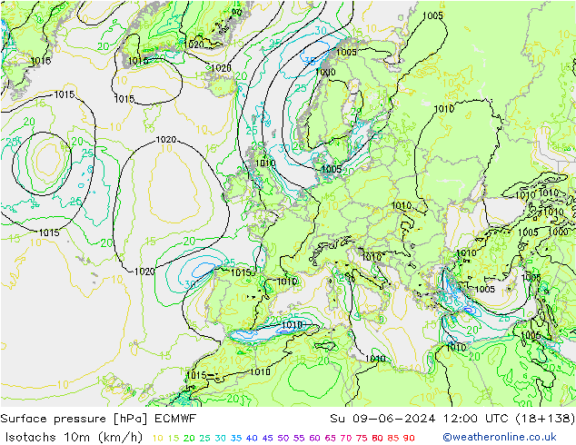 Isotachs (kph) ECMWF Su 09.06.2024 12 UTC