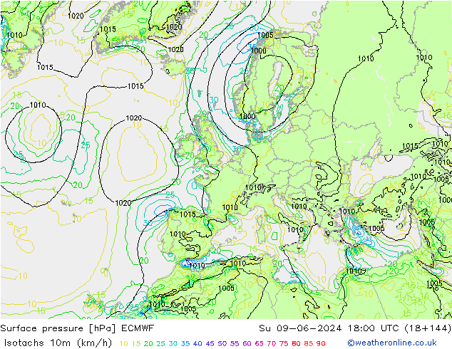 Eşrüzgar Hızları (km/sa) ECMWF Paz 09.06.2024 18 UTC