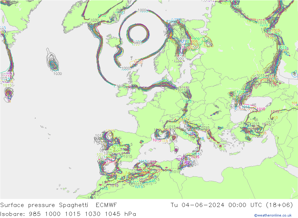 Presión superficial Spaghetti ECMWF mar 04.06.2024 00 UTC