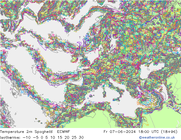 Temperatura 2m Spaghetti ECMWF Sex 07.06.2024 18 UTC