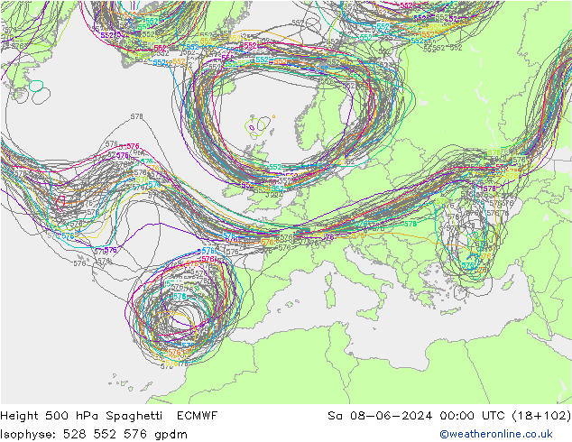 Height 500 hPa Spaghetti ECMWF Sa 08.06.2024 00 UTC