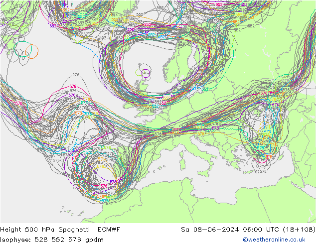 Height 500 hPa Spaghetti ECMWF Sáb 08.06.2024 06 UTC