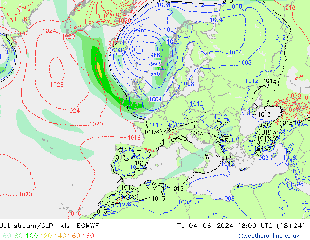 Jet stream/SLP ECMWF Tu 04.06.2024 18 UTC