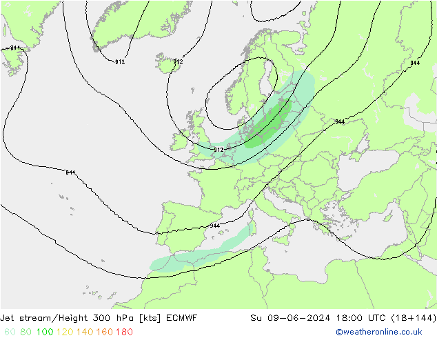 Jet stream/Height 300 hPa ECMWF Su 09.06.2024 18 UTC