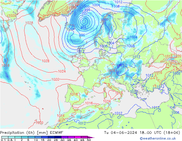 Precipitation (6h) ECMWF Út 04.06.2024 00 UTC