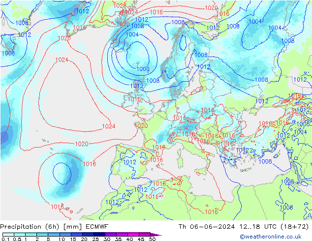 Precipitación (6h) ECMWF jue 06.06.2024 18 UTC