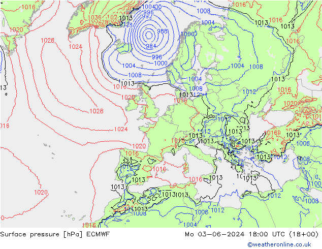 Atmosférický tlak ECMWF Po 03.06.2024 18 UTC