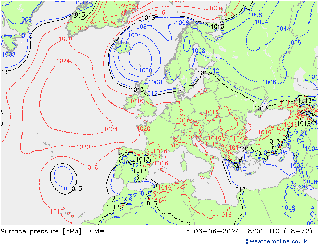 Surface pressure ECMWF Th 06.06.2024 18 UTC