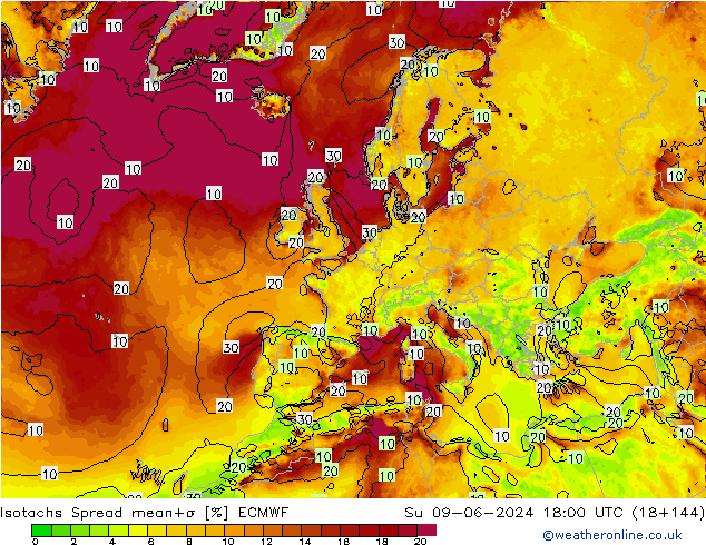 Eşrüzgar Hızları Spread ECMWF Paz 09.06.2024 18 UTC