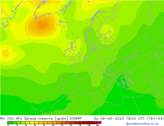 Humedad rel. 700hPa Spread ECMWF dom 09.06.2024 18 UTC