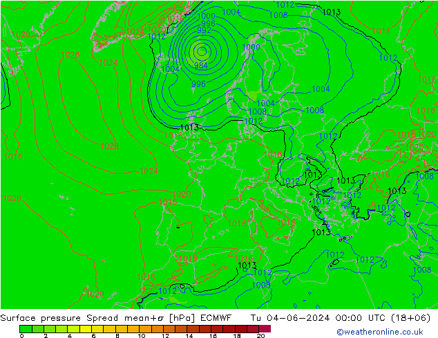 Luchtdruk op zeeniveau Spread ECMWF di 04.06.2024 00 UTC