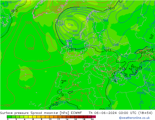 Pressione al suolo Spread ECMWF gio 06.06.2024 00 UTC