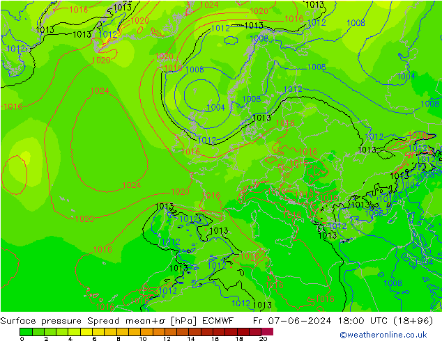 pressão do solo Spread ECMWF Sex 07.06.2024 18 UTC