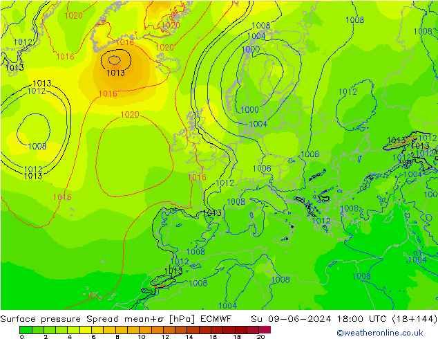 Surface pressure Spread ECMWF Su 09.06.2024 18 UTC