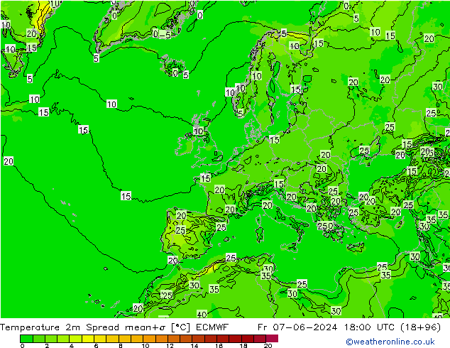 Temperature 2m Spread ECMWF Pá 07.06.2024 18 UTC