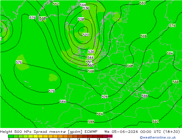 Height 500 hPa Spread ECMWF śro. 05.06.2024 00 UTC