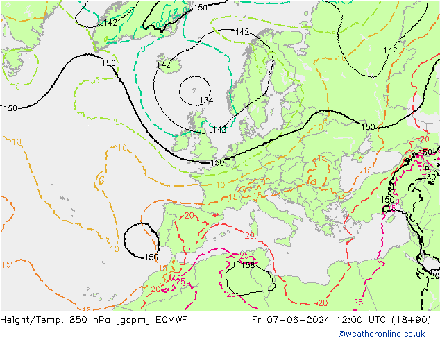 Geop./Temp. 850 hPa ECMWF vie 07.06.2024 12 UTC