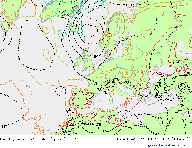 Height/Temp. 925 hPa ECMWF Tu 04.06.2024 18 UTC