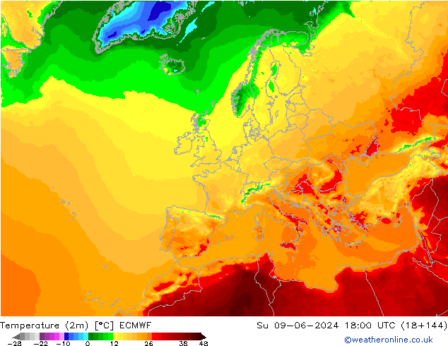 Temperaturkarte (2m) ECMWF So 09.06.2024 18 UTC