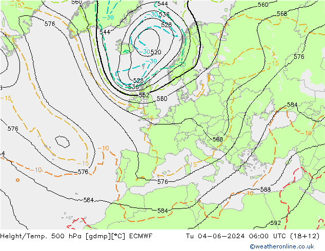 Height/Temp. 500 hPa ECMWF Di 04.06.2024 06 UTC