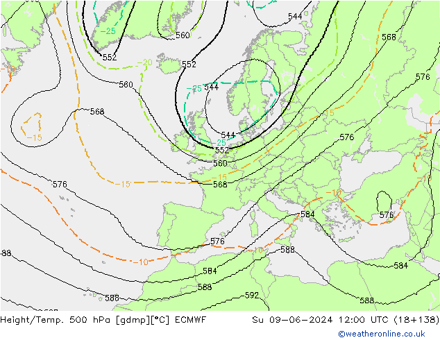 Height/Temp. 500 hPa ECMWF Su 09.06.2024 12 UTC