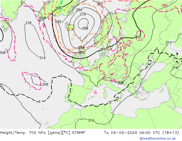 Height/Temp. 700 hPa ECMWF Tu 04.06.2024 06 UTC