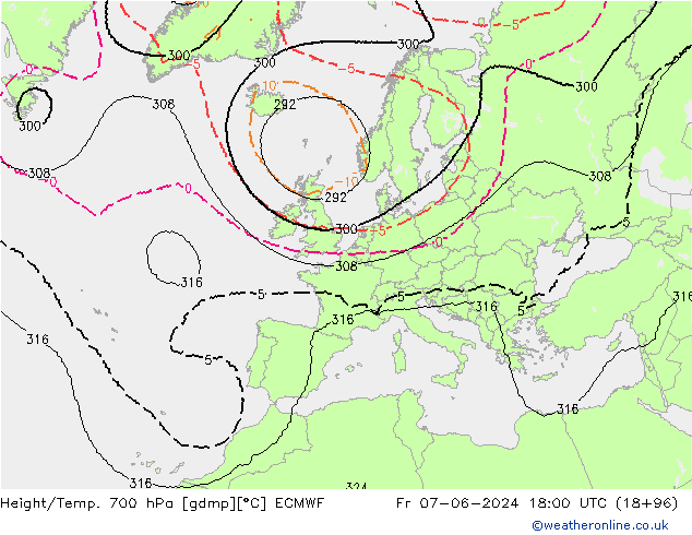 Height/Temp. 700 hPa ECMWF Fr 07.06.2024 18 UTC