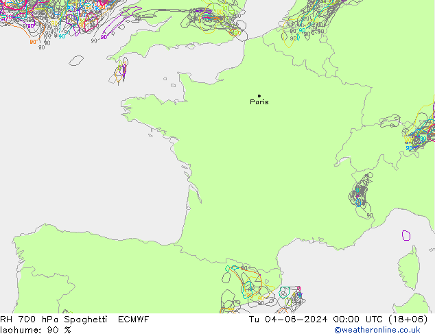 RH 700 hPa Spaghetti ECMWF Di 04.06.2024 00 UTC