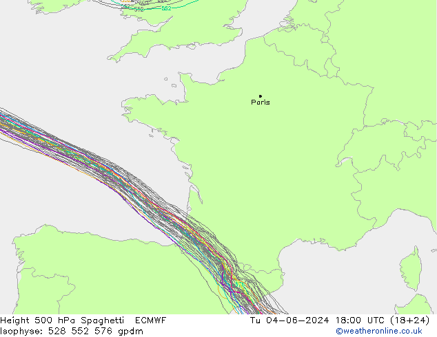 Hoogte 500 hPa Spaghetti ECMWF di 04.06.2024 18 UTC