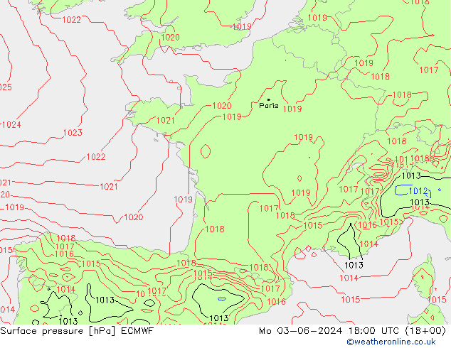 Surface pressure ECMWF Mo 03.06.2024 18 UTC