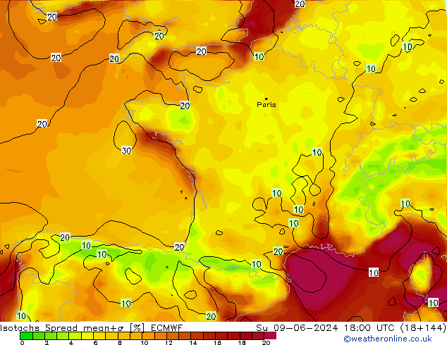 Izotacha Spread ECMWF nie. 09.06.2024 18 UTC