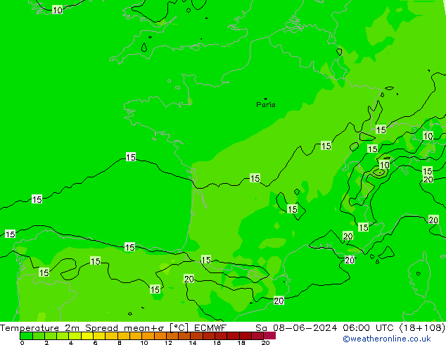 Temperature 2m Spread ECMWF Sa 08.06.2024 06 UTC