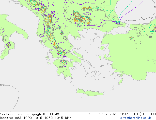 Surface pressure Spaghetti ECMWF Su 09.06.2024 18 UTC