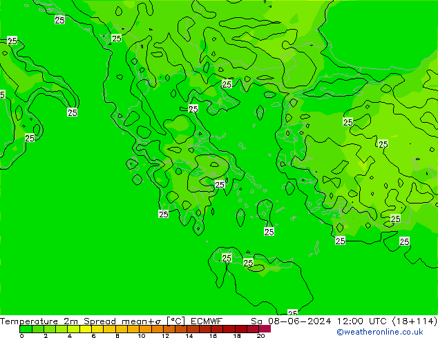 Temperature 2m Spread ECMWF Sa 08.06.2024 12 UTC