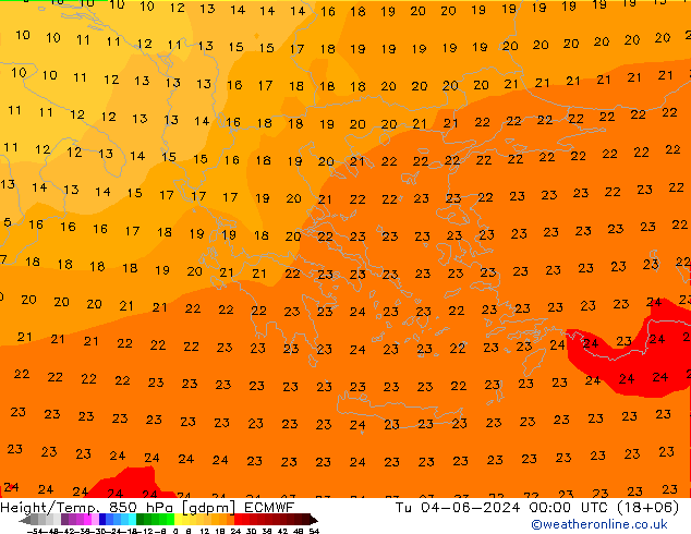 Height/Temp. 850 hPa ECMWF Tu 04.06.2024 00 UTC