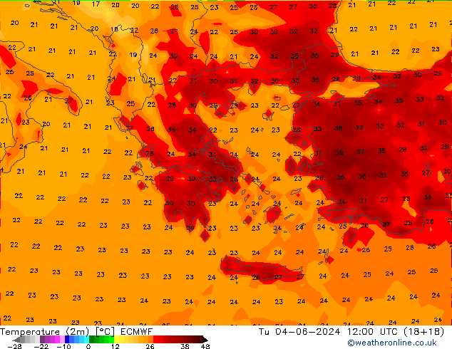 Temperatuurkaart (2m) ECMWF di 04.06.2024 12 UTC