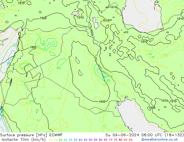 Isotachs (kph) ECMWF Su 09.06.2024 06 UTC