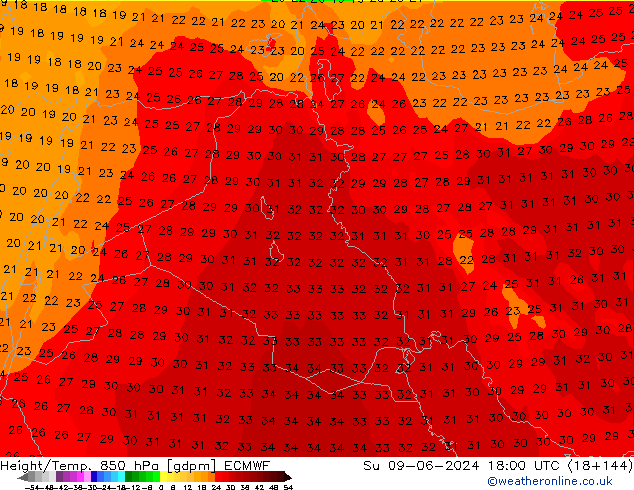 Hoogte/Temp. 850 hPa ECMWF zo 09.06.2024 18 UTC