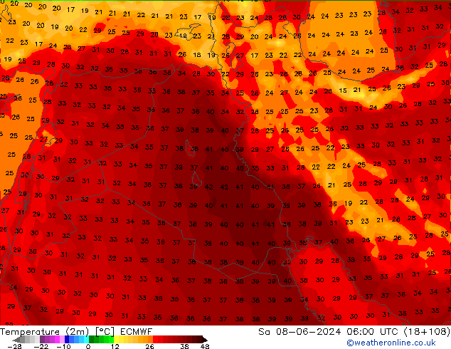 Temperature (2m) ECMWF Sa 08.06.2024 06 UTC