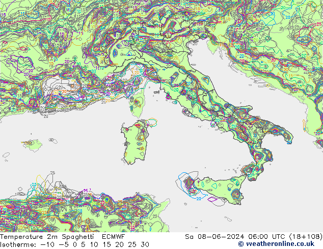 Temperatura 2m Spaghetti ECMWF sab 08.06.2024 06 UTC