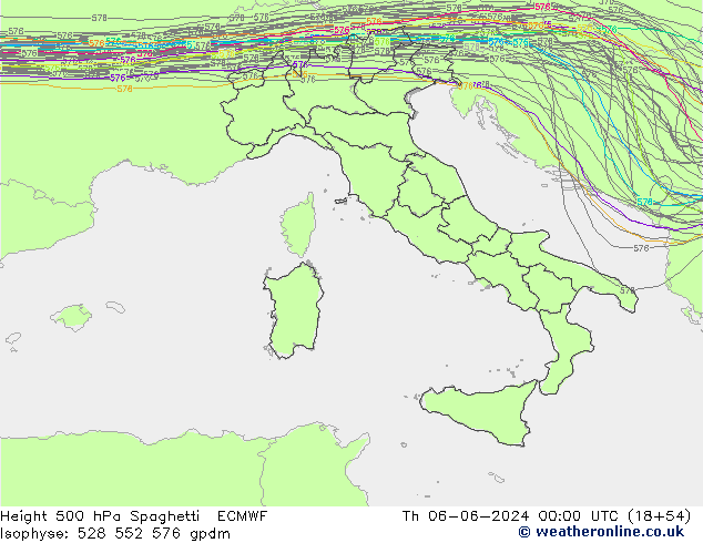 Height 500 hPa Spaghetti ECMWF Th 06.06.2024 00 UTC