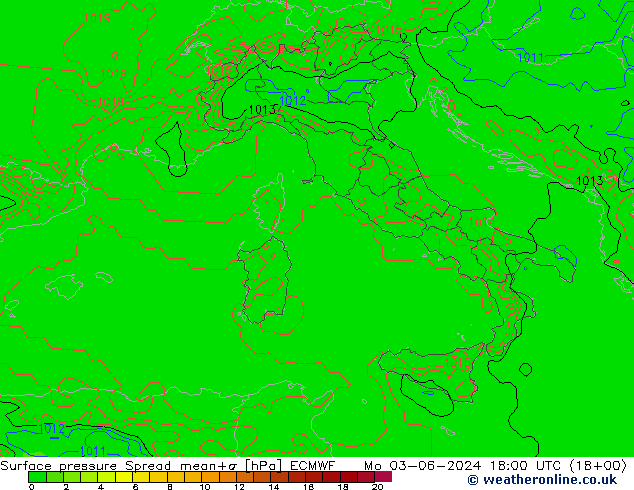 Pressione al suolo Spread ECMWF lun 03.06.2024 18 UTC