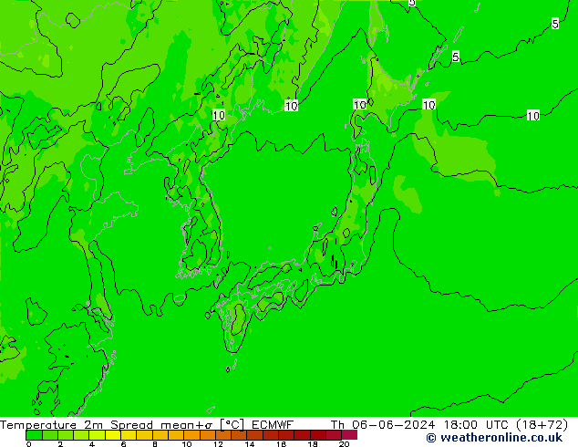 Temperature 2m Spread ECMWF Th 06.06.2024 18 UTC