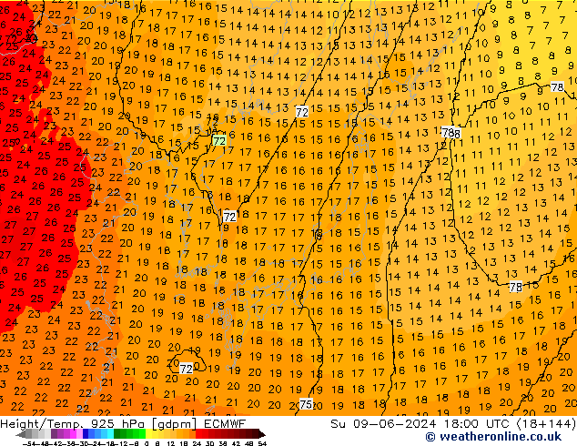 Height/Temp. 925 hPa ECMWF Su 09.06.2024 18 UTC