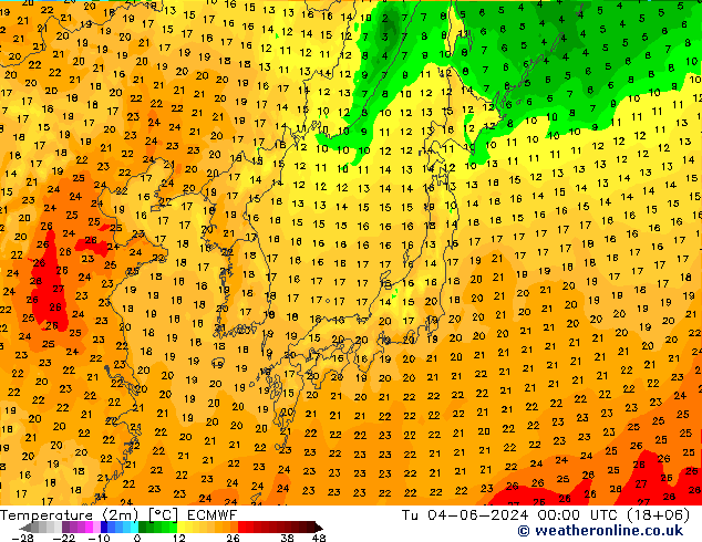 Temperature (2m) ECMWF Út 04.06.2024 00 UTC