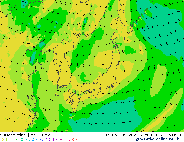 Vento 10 m ECMWF Qui 06.06.2024 00 UTC