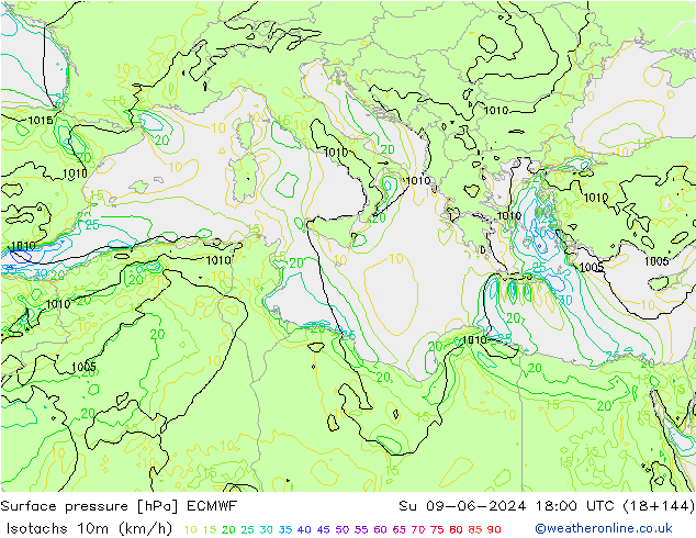 Isotachs (kph) ECMWF  09.06.2024 18 UTC